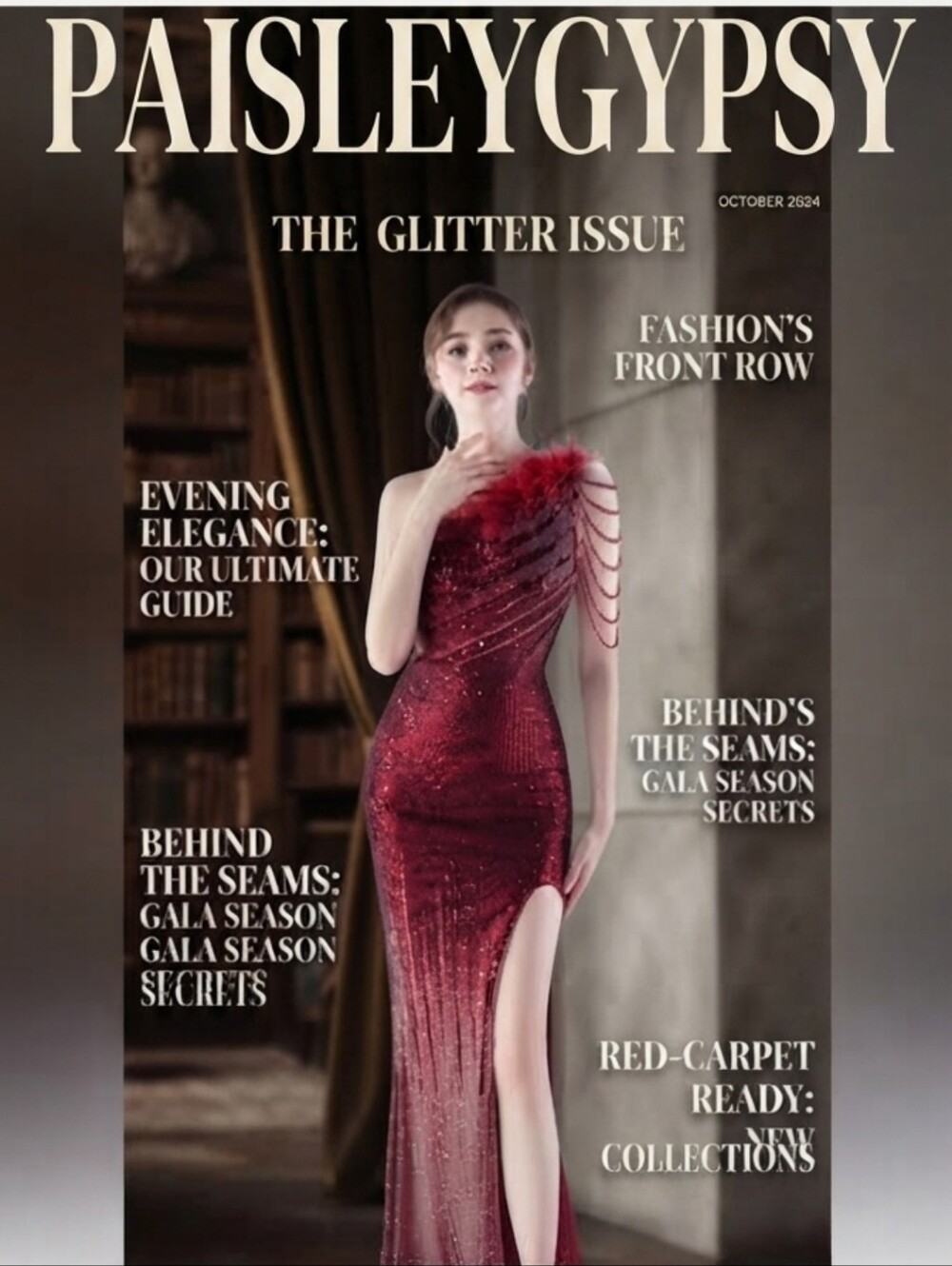 Crimson, One Shoulder Beaded, Feather Neckline, Sleeveless, Sequined Gown
